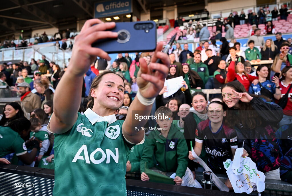 9 May 2026; Robyn O'Connor of Ireland with supporters after the Women's 6 Nations Rugby Championship match between Ireland and Wales at Affidea Stadium in Belfast. Photo by Ben McShane/Sportsfile