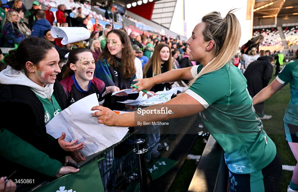 9 May 2026; Aoife Dalton of Ireland with supporters after the Women's 6 Nations Rugby Championship match between Ireland and Wales at Affidea Stadium in Belfast. Photo by Ben McShane/Sportsfile
