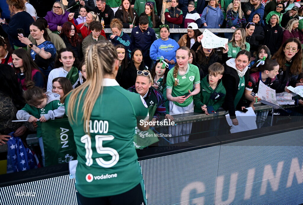 9 May 2026; Stacey Flood of Ireland with supporters after the Women's 6 Nations Rugby Championship match between Ireland and Wales at Affidea Stadium in Belfast. Photo by Ben McShane/Sportsfile