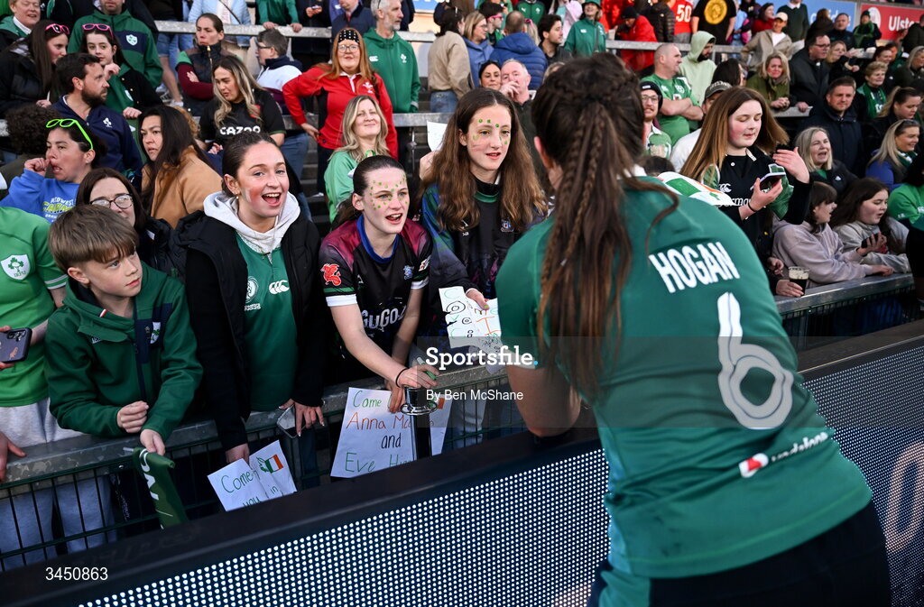 9 May 2026; Brittany Hogan of Ireland with supporters after the Women's 6 Nations Rugby Championship match between Ireland and Wales at Affidea Stadium in Belfast. Photo by Ben McShane/Sportsfile