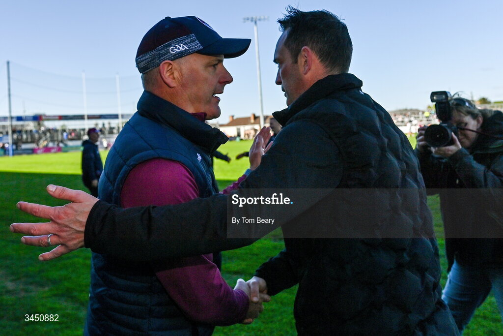 9 May 2026; Galway manager Micheál Donoghue, left, and Kildare manager Brian Dowling shake hands after the Leinster GAA Senior Hurling Championship round 3 match between Kildare and Galway at Cedral St Conleth's Park in Newbridge, Kildare. Photo by Tom Beary/Sportsfile