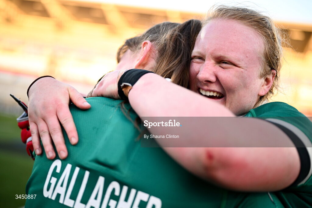 9 May 2026; Aoife Wafer, right and Niamh Gallagher of Ireland after their side's victory in the Women's 6 Nations Rugby Championship match between Ireland and Wales at Affidea Stadium in Belfast. Photo by Shauna Clinton/Sportsfile