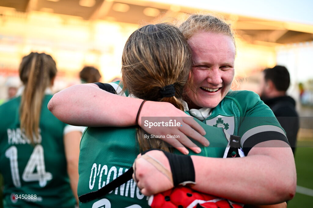 9 May 2026; Aoife Wafer, right, and Robyn O'Connor of Ireland after their side's victory in the Women's 6 Nations Rugby Championship match between Ireland and Wales at Affidea Stadium in Belfast. Photo by Shauna Clinton/Sportsfile