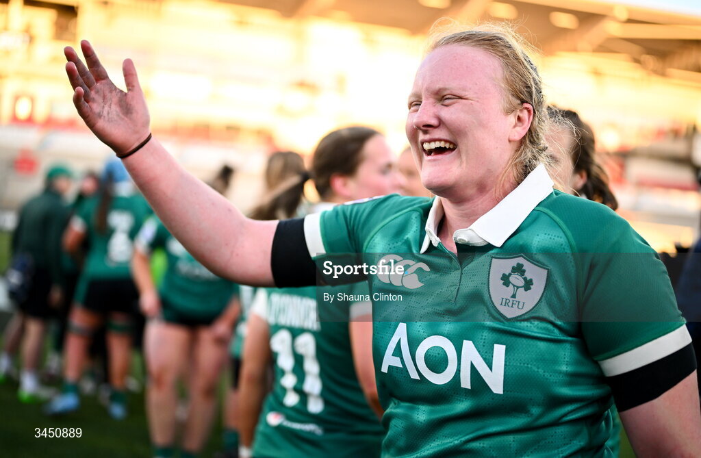 9 May 2026; Aoife Wafer of Ireland and team-mates after their side's victory in the Women's 6 Nations Rugby Championship match between Ireland and Wales at Affidea Stadium in Belfast. Photo by Shauna Clinton/Sportsfile