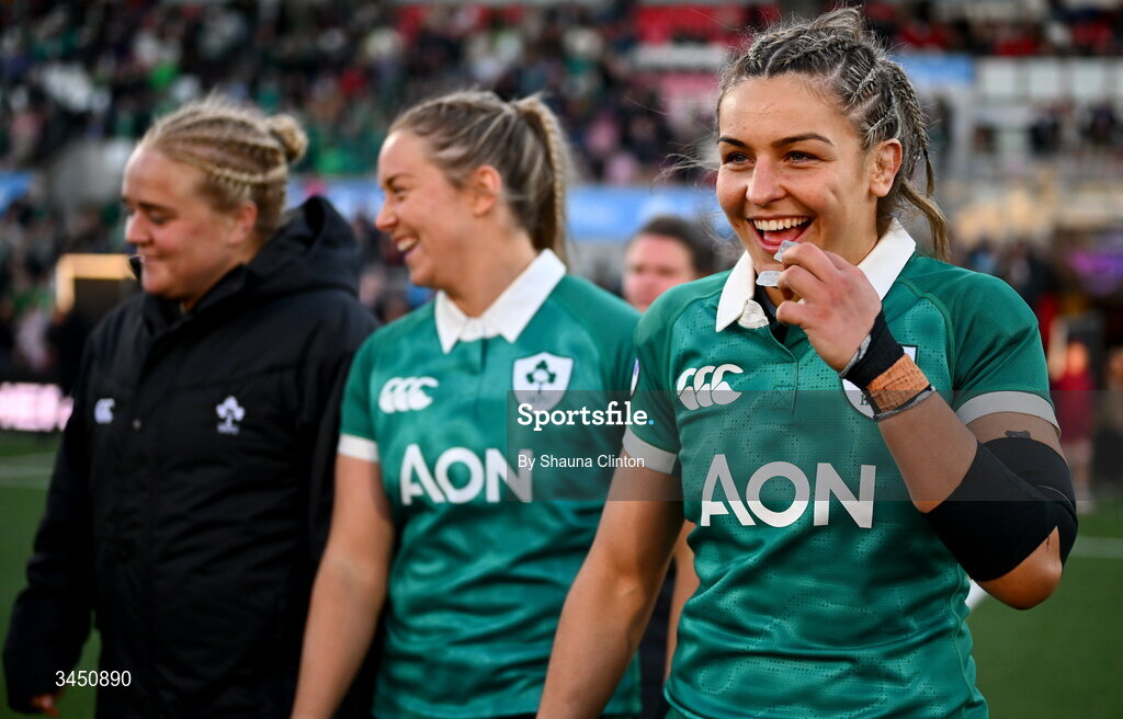 9 May 2026; Erin King of Ireland, right, and team-mates after their side's victory in the Women's 6 Nations Rugby Championship match between Ireland and Wales at Affidea Stadium in Belfast. Photo by Shauna Clinton/Sportsfile