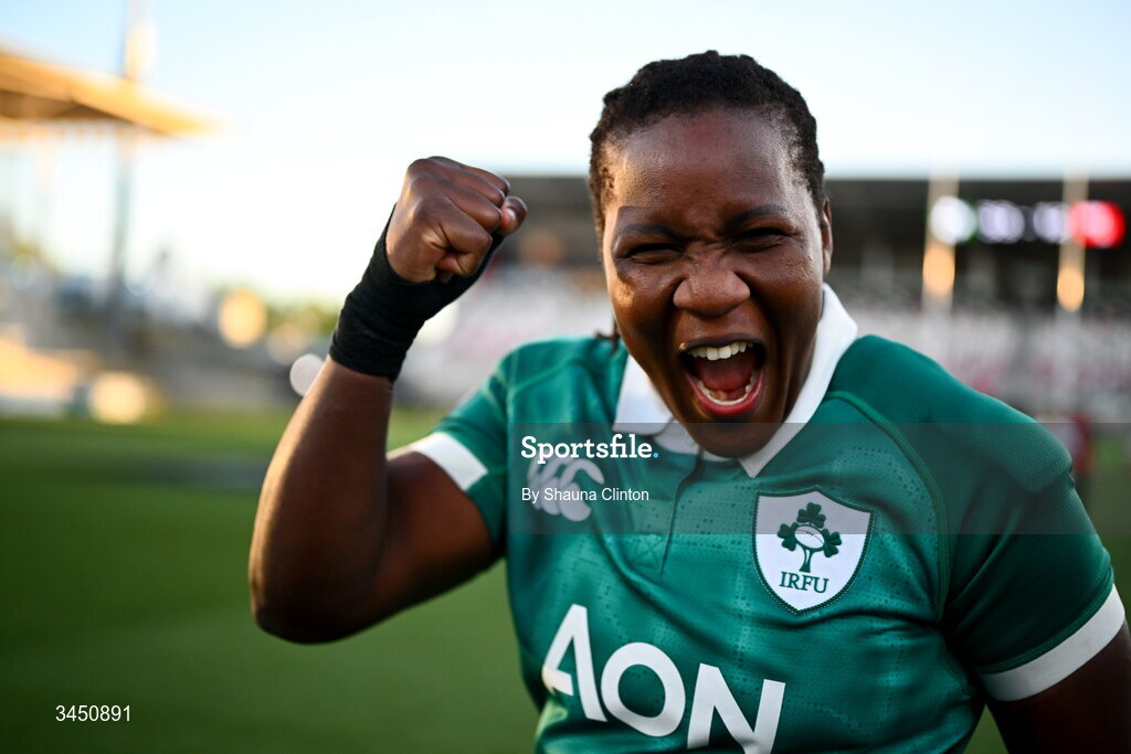 9 May 2026; Linda Djougang of Ireland after her side's victory in the Women's 6 Nations Rugby Championship match between Ireland and Wales at Affidea Stadium in Belfast. Photo by Shauna Clinton/Sportsfile