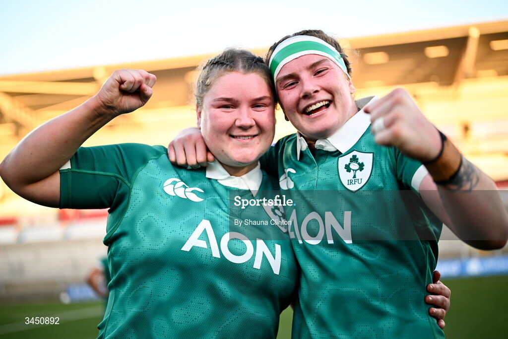 9 May 2026; Ireland players Eilís Cahill, left, and Ruth Campbell after their side's victory in the Women's 6 Nations Rugby Championship match between Ireland and Wales at Affidea Stadium in Belfast. Photo by Shauna Clinton/Sportsfile