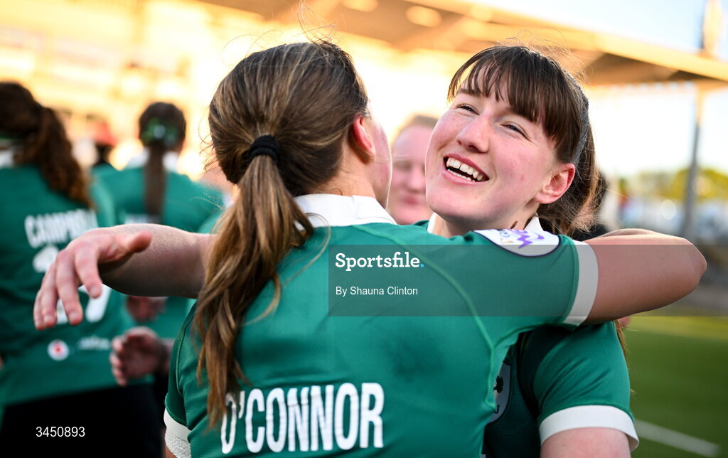 9 May 2026; Niamh Gallagher, right, and Robyn O'Connor of Ireland after their side's victory in the Women's 6 Nations Rugby Championship match between Ireland and Wales at Affidea Stadium in Belfast. Photo by Shauna Clinton/Sportsfile