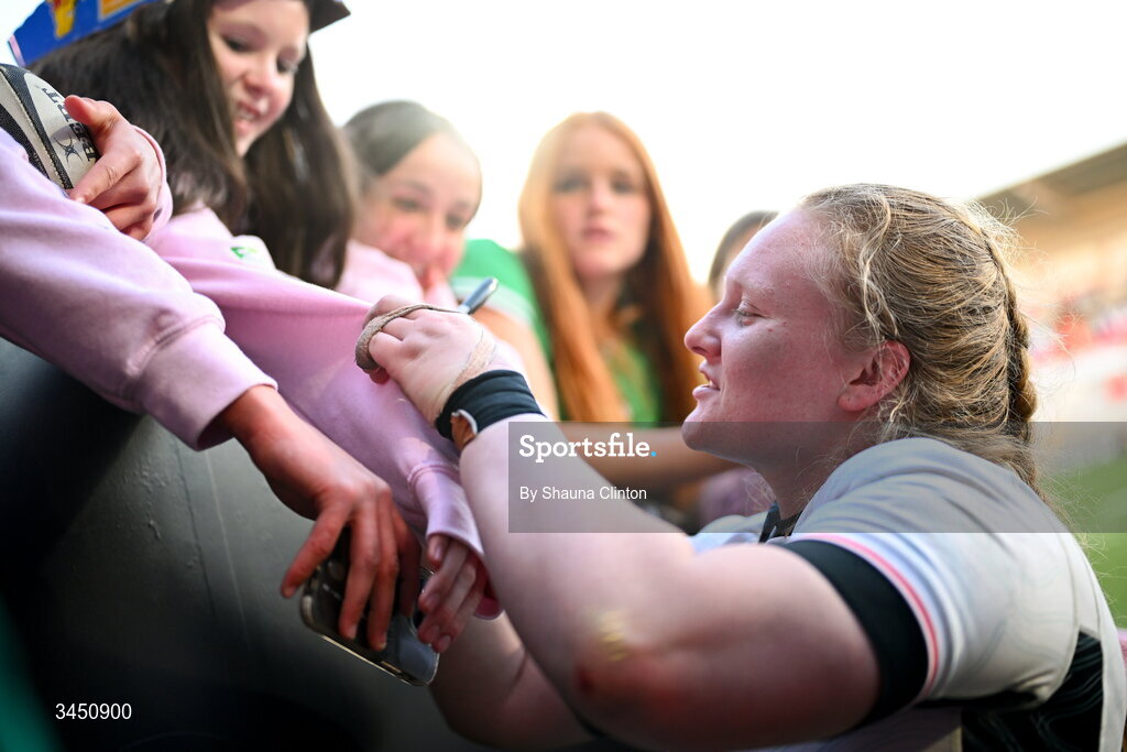 9 May 2026; Aoife Wafer of Ireland with supporters after the Women's 6 Nations Rugby Championship match between Ireland and Wales at Affidea Stadium in Belfast. Photo by Shauna Clinton/Sportsfile