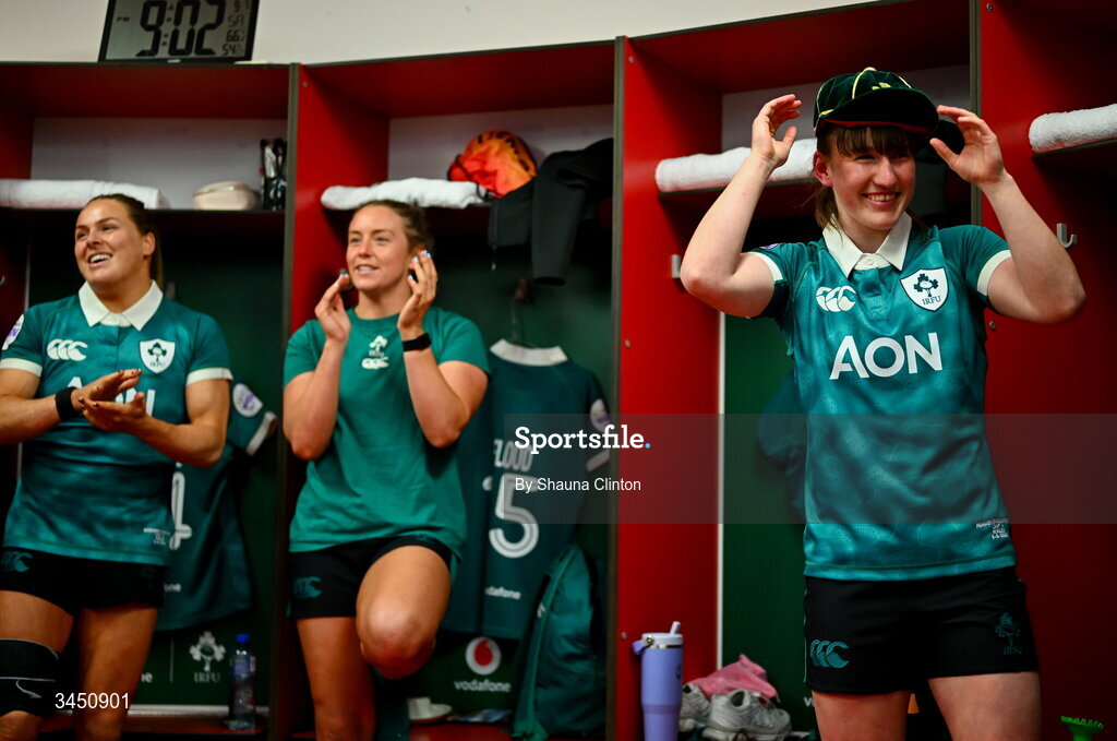 9 May 2026; Niamh Gallagher of Ireland, right, after being presented with her first international cap after the Women's 6 Nations Rugby Championship match between Ireland and Wales at Affidea Stadium in Belfast. Photo by Shauna Clinton/Sportsfile
