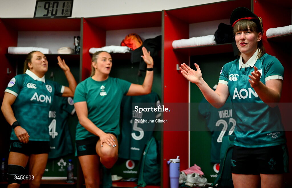 9 May 2026; Niamh Gallagher of Ireland, right, after being presented with her first international cap after the Women's 6 Nations Rugby Championship match between Ireland and Wales at Affidea Stadium in Belfast. Photo by Shauna Clinton/Sportsfile