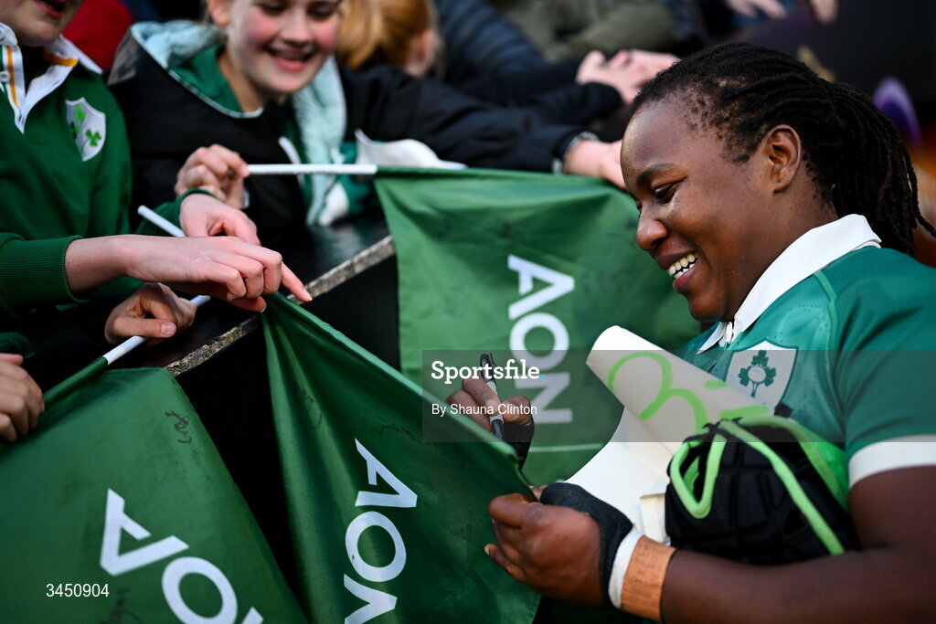9 May 2026; Linda Djougang of Ireland with supporters after the Women's 6 Nations Rugby Championship match between Ireland and Wales at Affidea Stadium in Belfast. Photo by Shauna Clinton/Sportsfile