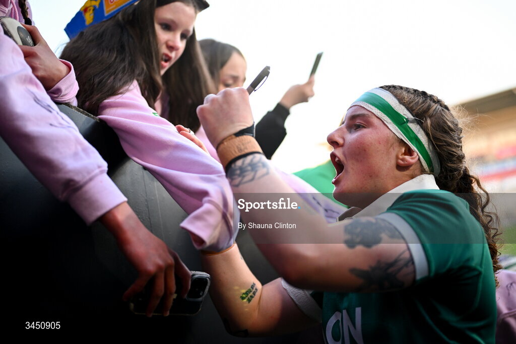 9 May 2026; Ruth Campbell of Ireland with supporters after the Women's 6 Nations Rugby Championship match between Ireland and Wales at Affidea Stadium in Belfast. Photo by Shauna Clinton/Sportsfile