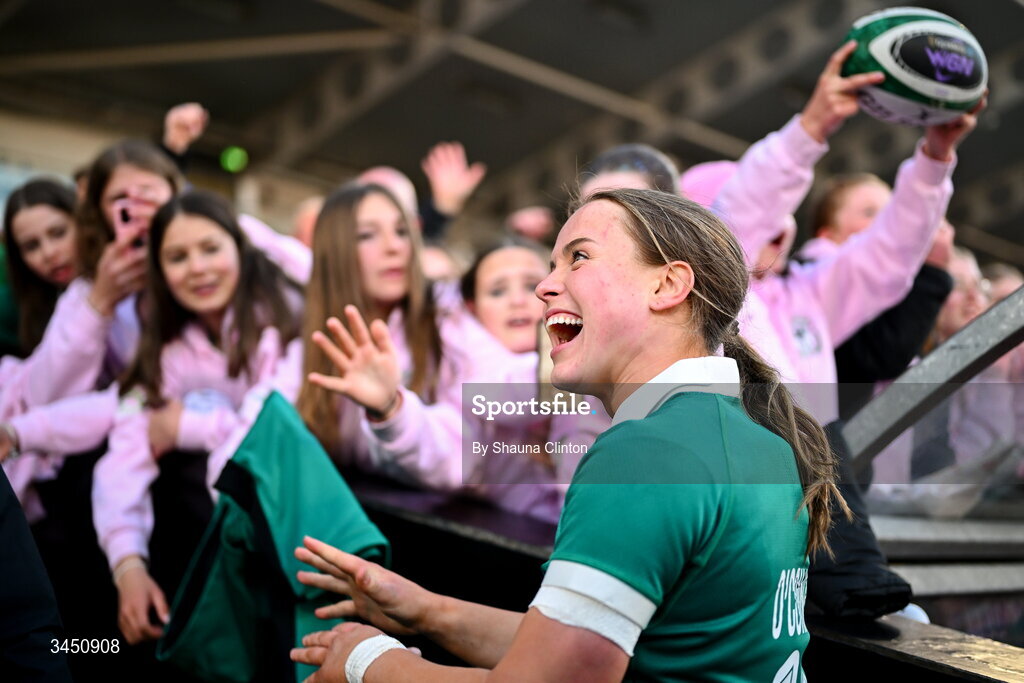 9 May 2026; Robyn O'Connor of Ireland with supporters after the Women's 6 Nations Rugby Championship match between Ireland and Wales at Affidea Stadium in Belfast. Photo by Shauna Clinton/Sportsfile