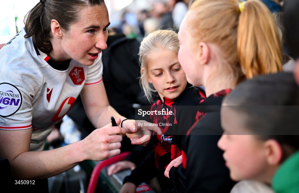 9 May 2026; Eve Higgins of Ireland with supporters after the Women's 6 Nations Rugby Championship match between Ireland and Wales at Affidea Stadium in Belfast. Photo by Shauna Clinton/Sportsfile
