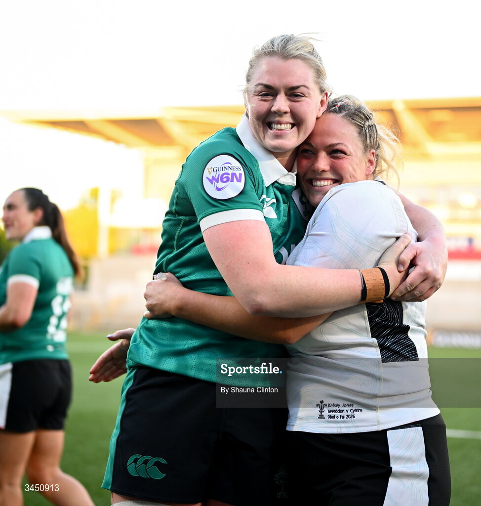 9 May 2026; Sam Monaghan of Ireland and Kelsey Jones of Wales after the Women's 6 Nations Rugby Championship match between Ireland and Wales at Affidea Stadium in Belfast. Photo by Shauna Clinton/Sportsfile
