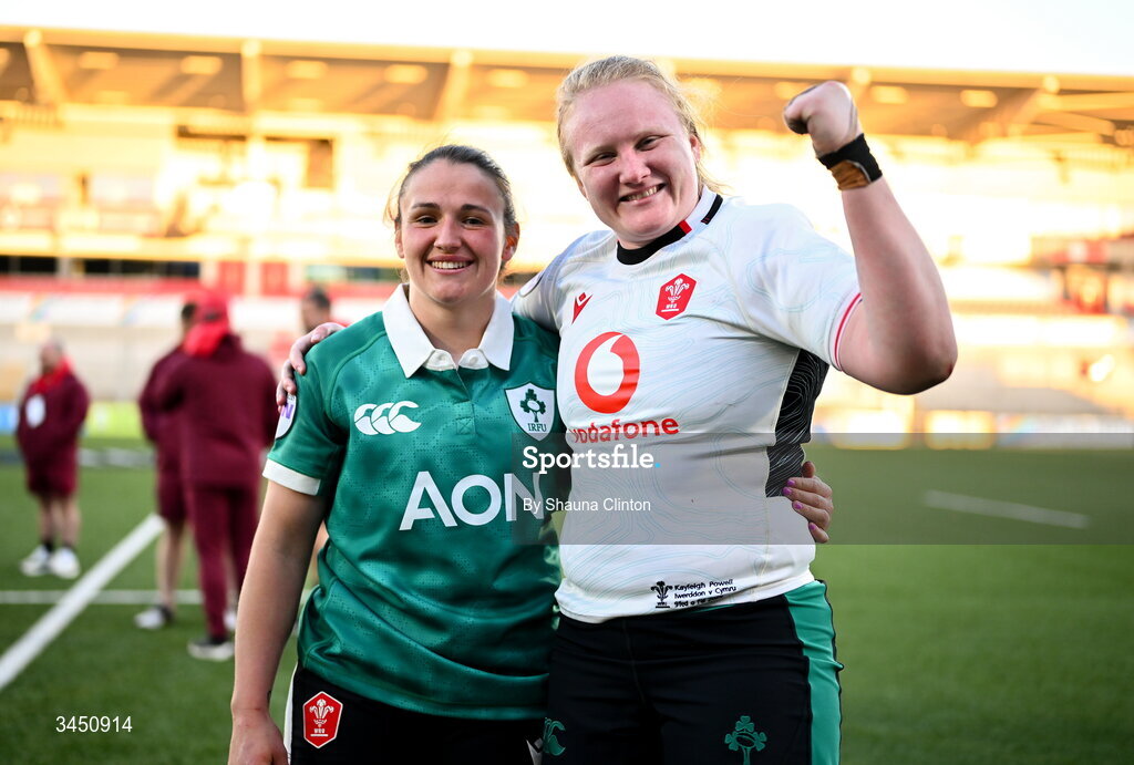 9 May 2026; Harlequins team-mates Kayleigh Powell of Wales, left, and Aoife Wafer of Ireland after the Women's 6 Nations Rugby Championship match between Ireland and Wales at Affidea Stadium in Belfast. Photo by Shauna Clinton/Sportsfile