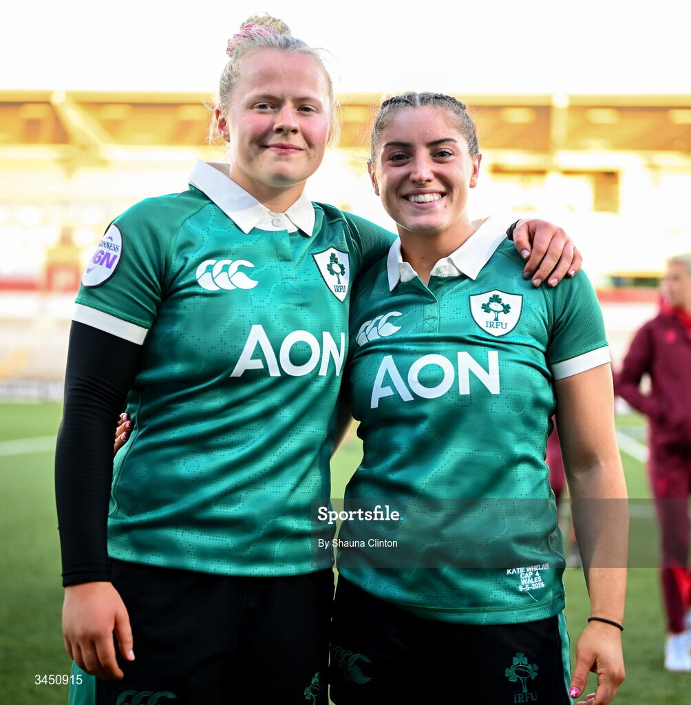 9 May 2026; Dannah O'Brien, left, and Katie Whelan of Ireland after the Women's 6 Nations Rugby Championship match between Ireland and Wales at Affidea Stadium in Belfast. Photo by Shauna Clinton/Sportsfile