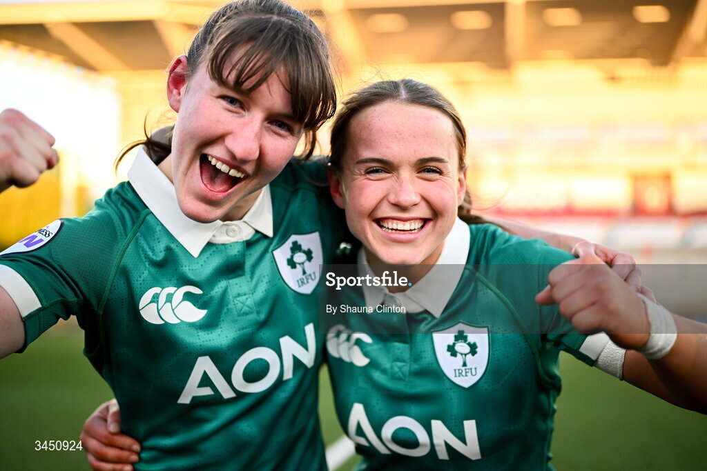 9 May 2026; Niamh Gallagher, left, and Robyn O'Connor of Ireland after the Women's 6 Nations Rugby Championship match between Ireland and Wales at Affidea Stadium in Belfast. Photo by Shauna Clinton/Sportsfile