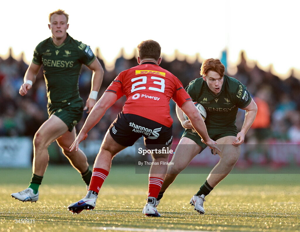 9 May 2026; Shane Jennings of Connacht in action against Alex Kendellen of Munster during the United Rugby Championship match between Connacht and Munster at Dexcom Stadium in Galway. Photo by Thomas Flinkow/Sportsfile