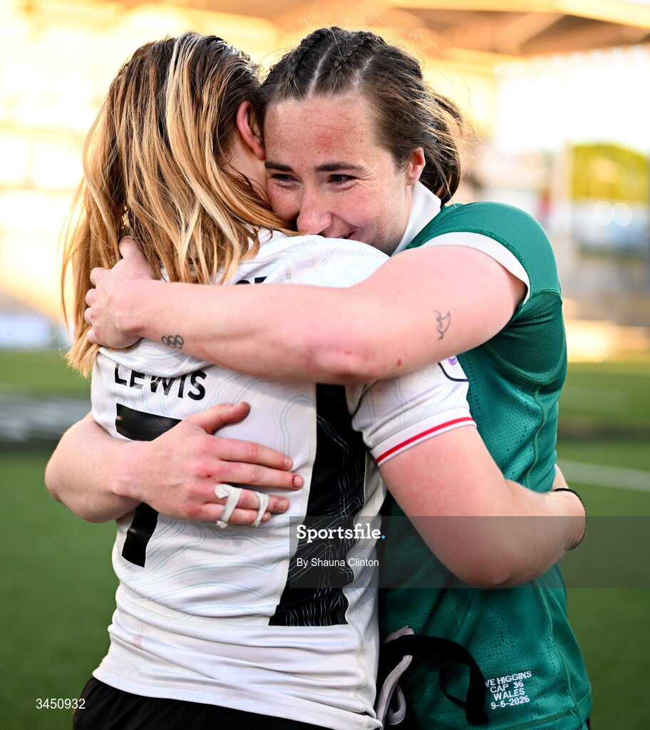 9 May 2026; Eve Higgins of Ireland and Bethan Lewis of Wales after the Women's 6 Nations Rugby Championship match between Ireland and Wales at Affidea Stadium in Belfast. Photo by Shauna Clinton/Sportsfile