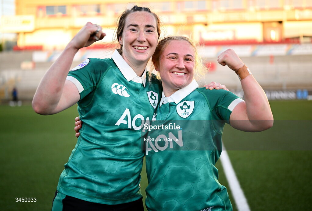 9 May 2026; Eve Higgins, left, and Neve Jones of Ireland after the Women's 6 Nations Rugby Championship match between Ireland and Wales at Affidea Stadium in Belfast. Photo by Shauna Clinton/Sportsfile