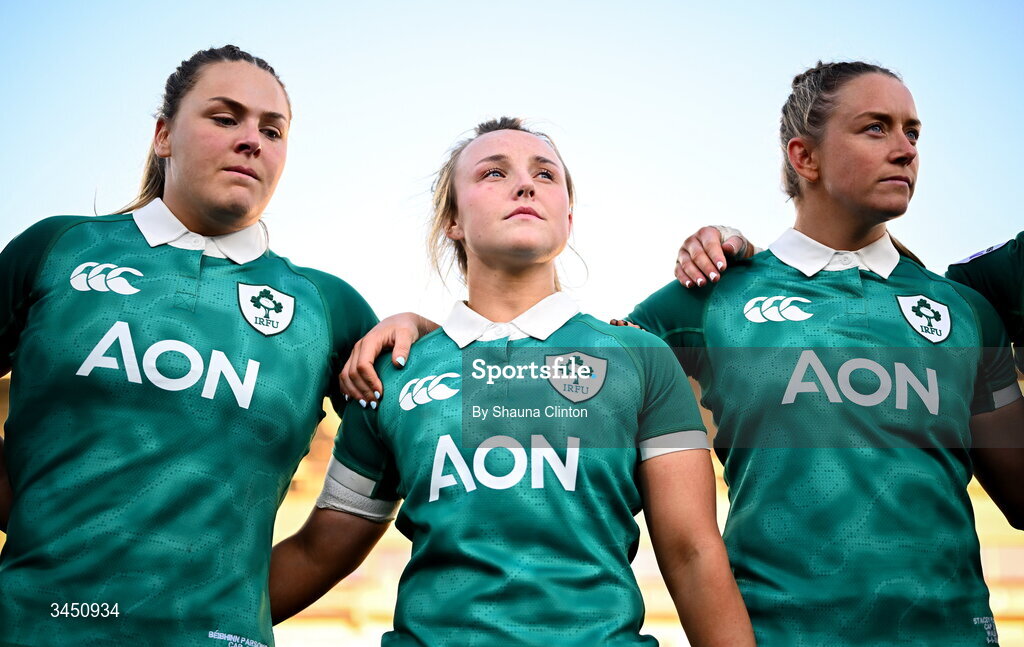 9 May 2026; Ireland players, from left, Béibhinn Parsons, Aoife Dalton and Stacey Flood after the Women's 6 Nations Rugby Championship match between Ireland and Wales at Affidea Stadium in Belfast. Photo by Shauna Clinton/Sportsfile