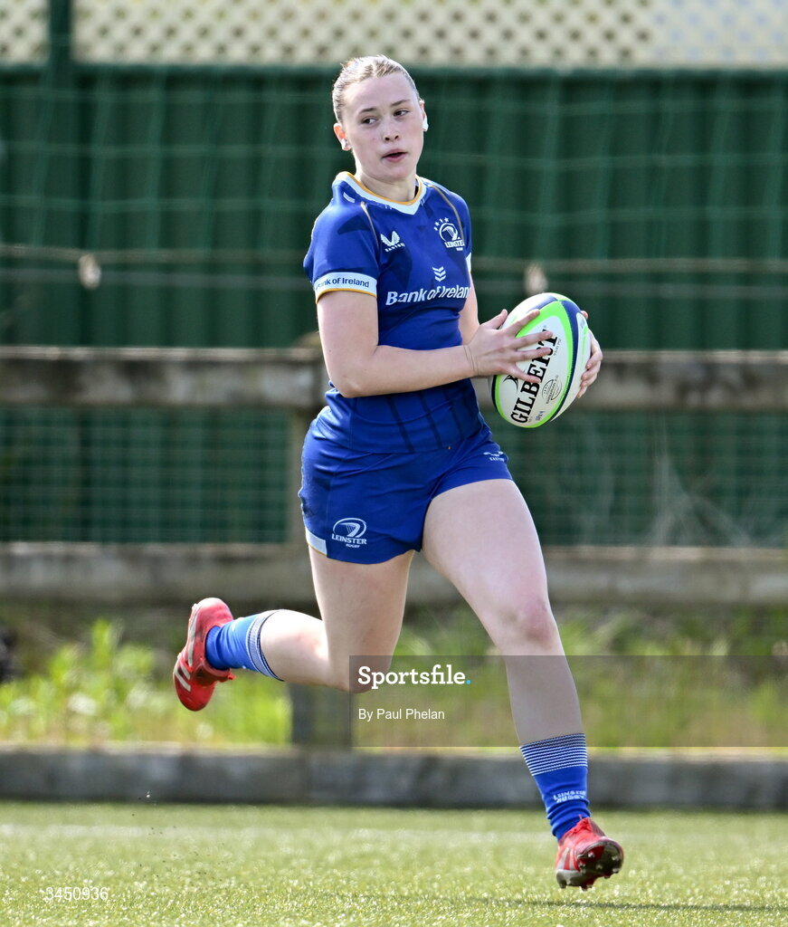 9 May 2026; Milita Valteryte of Leinster 1 on her way to scoring a try during the IRFU U18 Girls 7s Interprovincial Series match between Leinster 1 and Ulster 1 at Mullingar RFC in Westmeath. Photo by Paul Phelan/Sportsfile