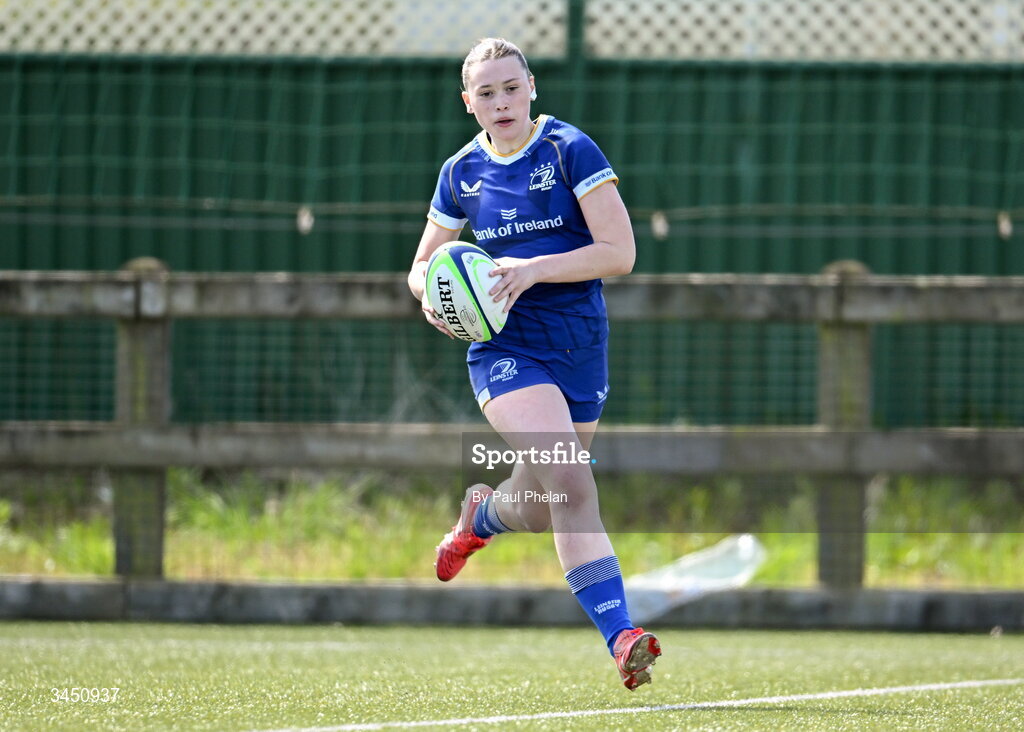 9 May 2026; Milita Valteryte of Leinster 1 on her way to scoring a try during the IRFU U18 Girls 7s Interprovincial Series match between Leinster 1 and Ulster 1 at Mullingar RFC in Westmeath. Photo by Paul Phelan/Sportsfile