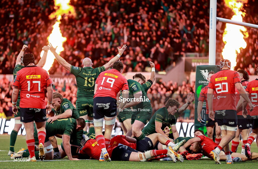 9 May 2026; Connacht players celebrate during the United Rugby Championship match between Connacht and Munster at Dexcom Stadium in Galway. Photo by Thomas Flinkow/Sportsfile