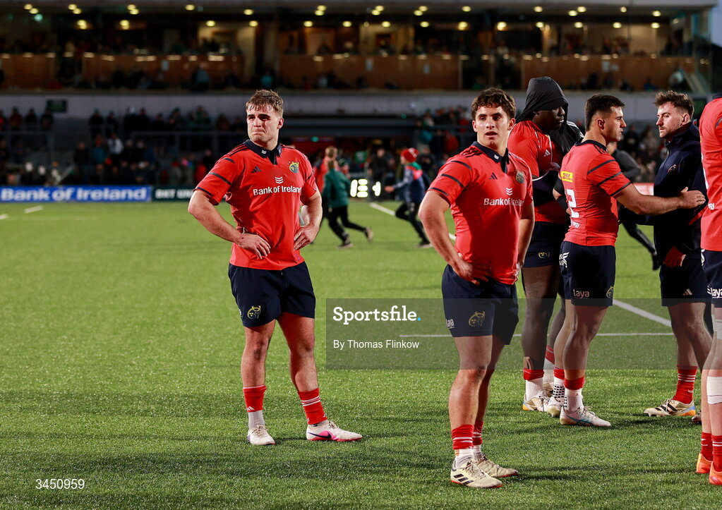 9 May 2026; Dejected Munster players after their defeat in the United Rugby Championship match between Connacht and Munster at Dexcom Stadium in Galway. Photo by Thomas Flinkow/Sportsfile