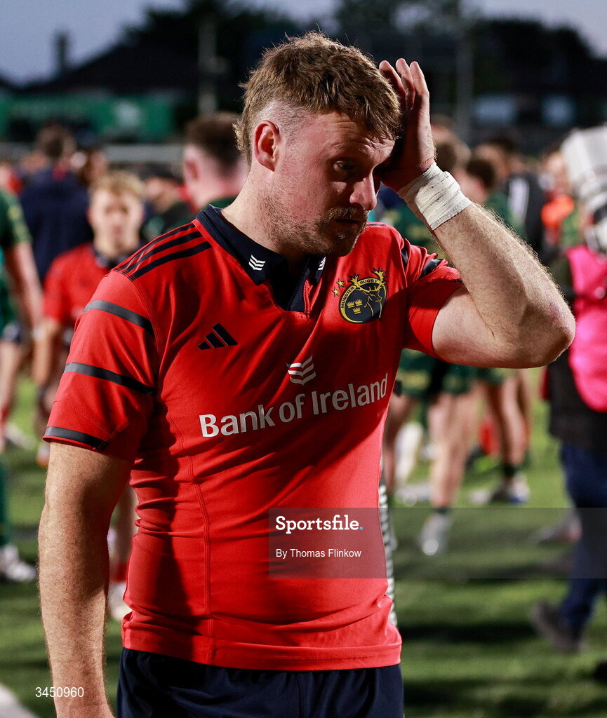 9 May 2026; A dejected Seán O'Brien of Munster after his side's defeat in the United Rugby Championship match between Connacht and Munster at Dexcom Stadium in Galway. Photo by Thomas Flinkow/Sportsfile