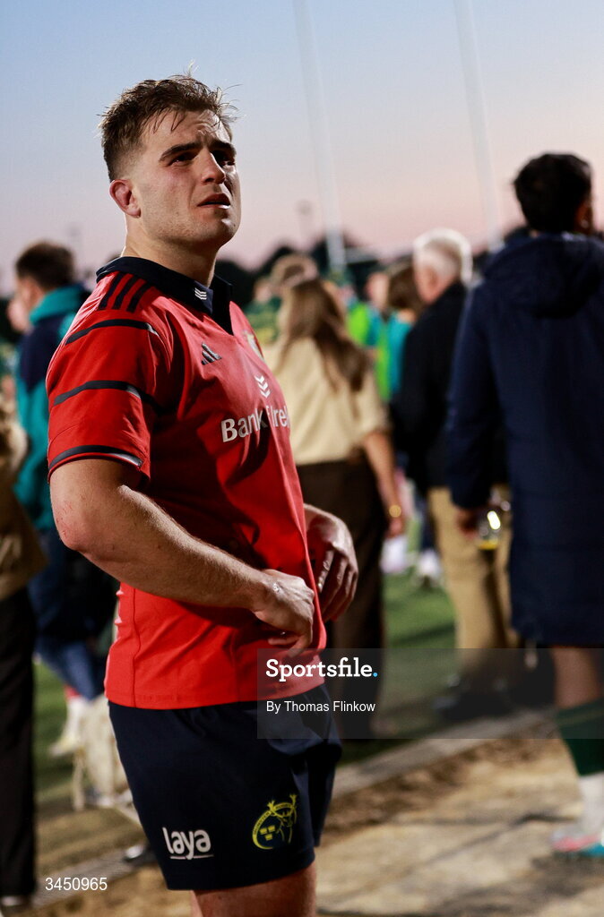 9 May 2026; Alex Kendellen of Munster dejected after his side's defeat in the United Rugby Championship match between Connacht and Munster at Dexcom Stadium in Galway. Photo by Thomas Flinkow/Sportsfile