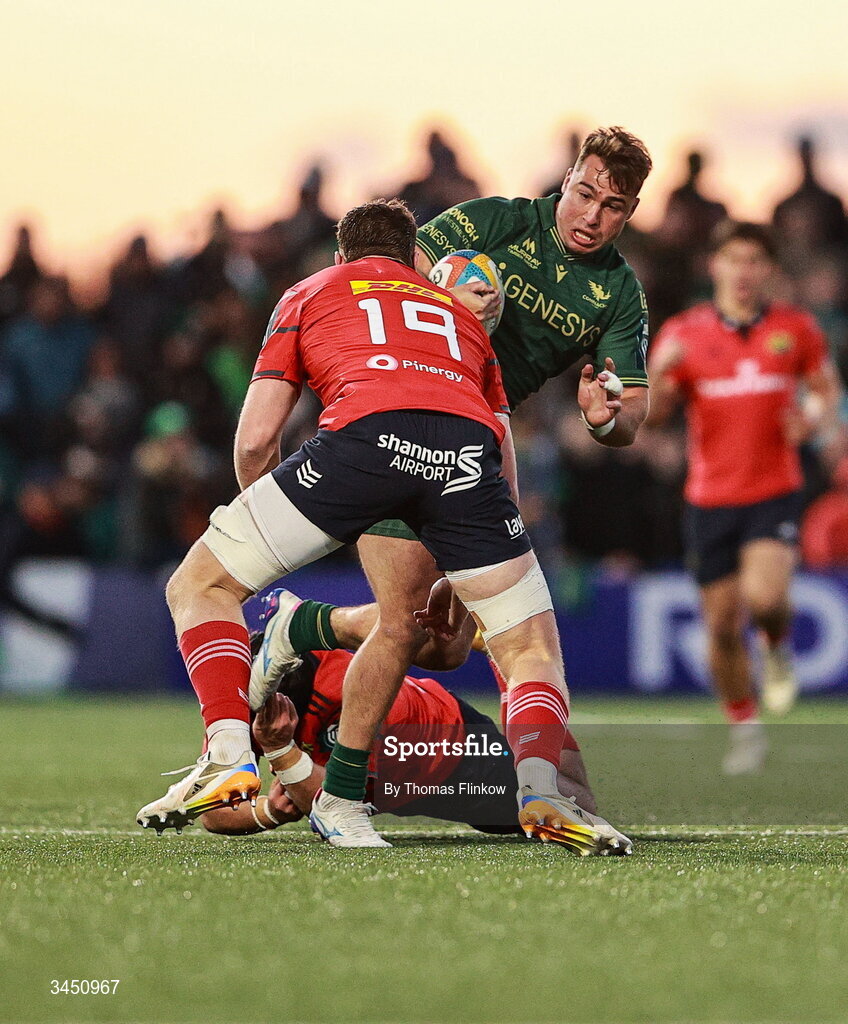 9 May 2026; Shayne Bolton of Connacht in action against Jack O'Donoghue of Munster during the United Rugby Championship match between Connacht and Munster at Dexcom Stadium in Galway. Photo by Thomas Flinkow/Sportsfile