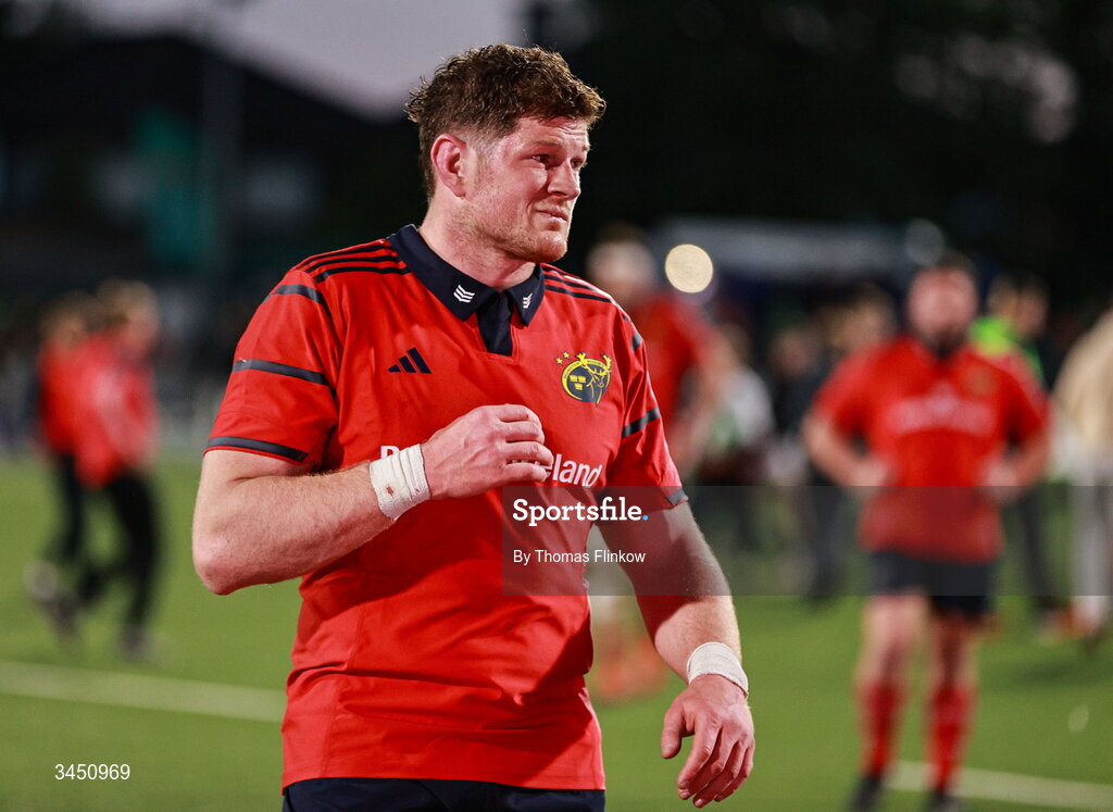 9 May 2026; A dejected Jack O'Donoghue of Munster after his side's defeat in the United Rugby Championship match between Connacht and Munster at Dexcom Stadium in Galway. Photo by Thomas Flinkow/Sportsfile