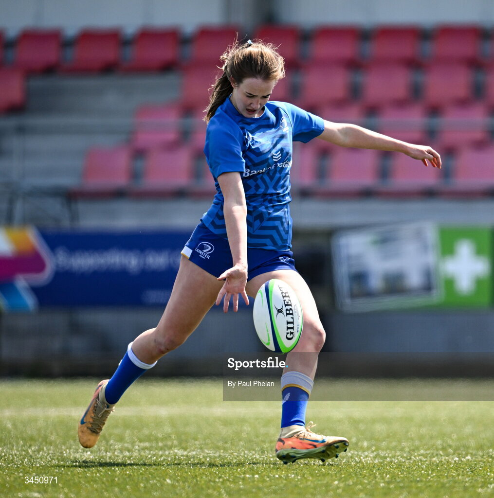 9 May 2026; Orla Rijksen of Leinster 2 scores a conversion during the IRFU U18 Girls 7s Interprovincial Series match between Connacht 1 and Leinster 2 at Mullingar RFC in Westmeath. Photo by Paul Phelan/Sportsfile
