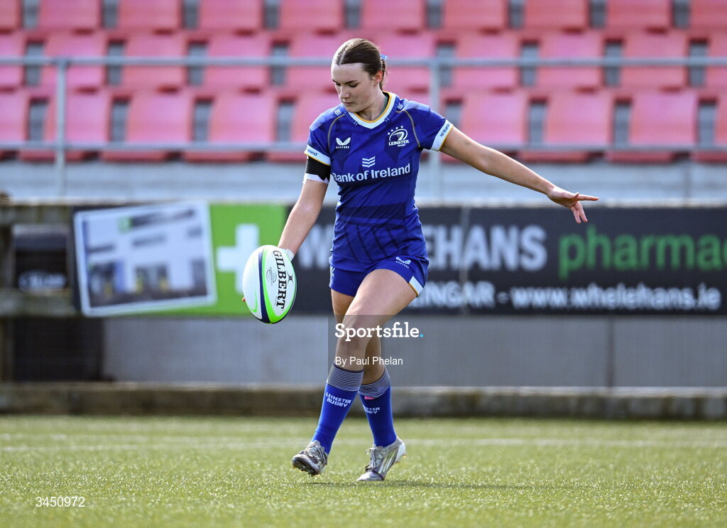 9 May 2026; Robyn O'Reilly of Leinster 1 takes a conversion during the IRFU U18 Girls 7s Interprovincial Series match between Leinster 1 and Ulster 1 at Mullingar RFC in Westmeath. Photo by Paul Phelan/Sportsfile