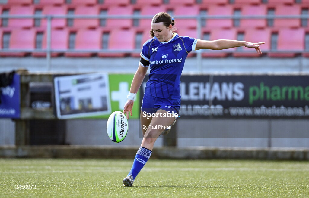 9 May 2026; Robyn O'Reilly of Leinster 1 takes a conversion during the IRFU U18 Girls 7s Interprovincial Series match between Leinster 1 and Ulster 1 at Mullingar RFC in Westmeath. Photo by Paul Phelan/Sportsfile