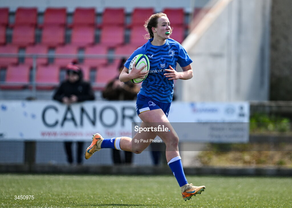 9 May 2026; Orla Rijksen of Leinster 2 on her way to scoring a try during the IRFU U18 Girls 7s Interprovincial Series match between Connacht 1 and Leinster 2 at Mullingar RFC in Westmeath. Photo by Paul Phelan/Sportsfile