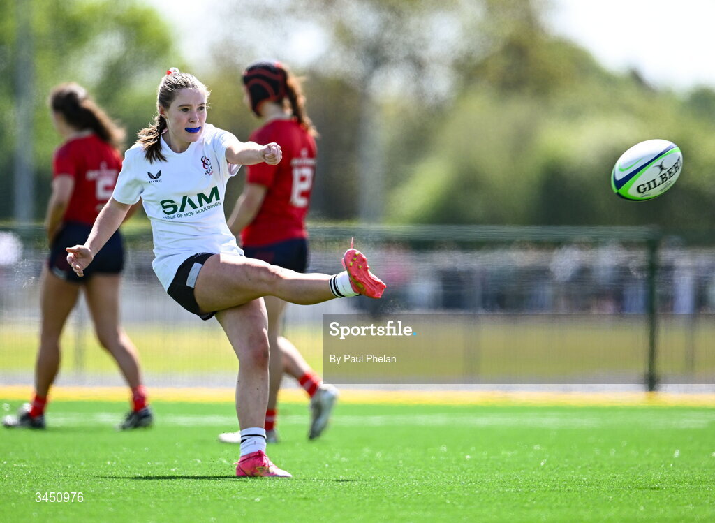 9 May 2026; Meabh Hull of Ulster 2 scores a conversion during the IRFU U18 Girls 7s Interprovincial Series match between Munster 1 and Ulster 2 at Mullingar RFC in Westmeath. Photo by Paul Phelan/Sportsfile