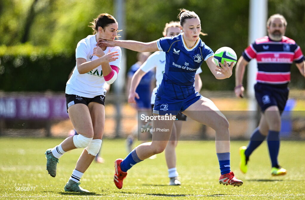 9 May 2026; Milita Valteryte of Leinster 1 in action against Katelynn Magee of Ulster 1 during the IRFU U18 Girls 7s Interprovincial Series match between Leinster 1 and Ulster 1 at Mullingar RFC in Westmeath. Photo by Paul Phelan/Sportsfile