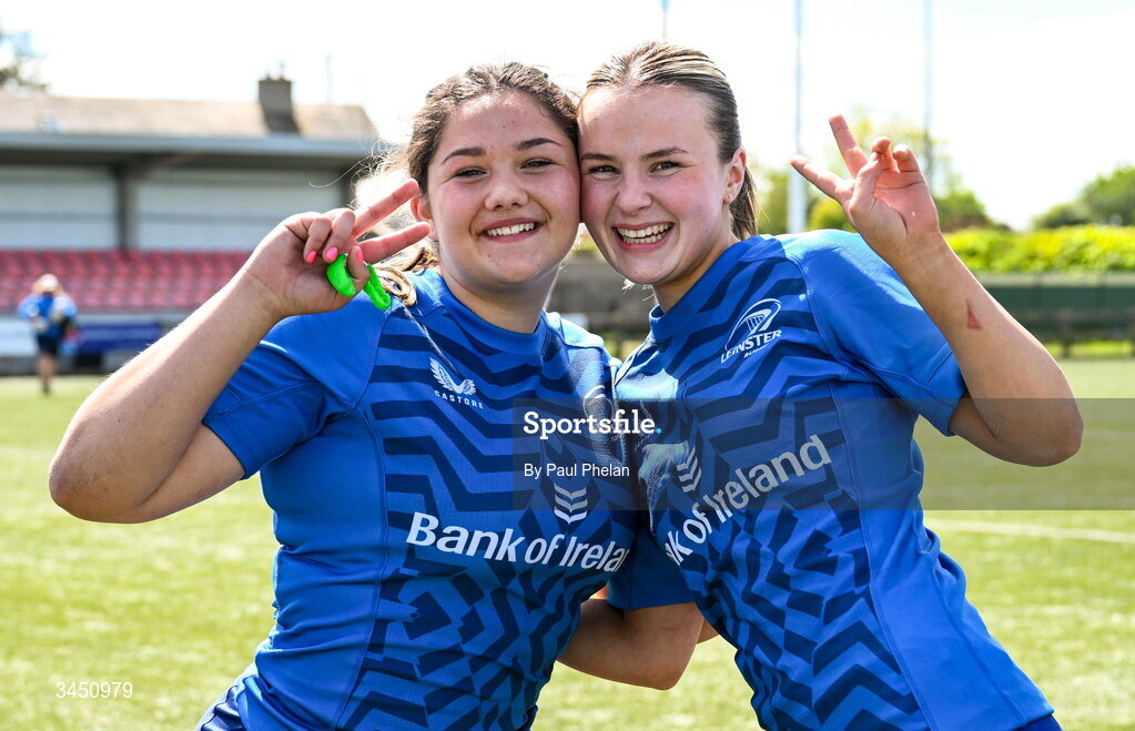 9 May 2026; Bobbi Cahill and Isabella Larkin of Leinster 2 celebrate after winning the IRFU U18 Girls 7s Interprovincial Series at Mullingar RFC in Westmeath. Photo by Paul Phelan/Sportsfile