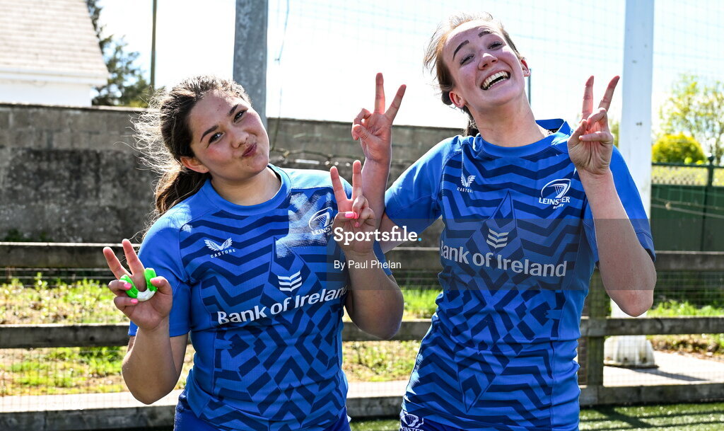 9 May 2026; Bobbi Cahill and Orla Rijksen of Leinster 2 celebrate after winning the IRFU U18 Girls 7s Interprovincial Series at Mullingar RFC in Westmeath. Photo by Paul Phelan/Sportsfile