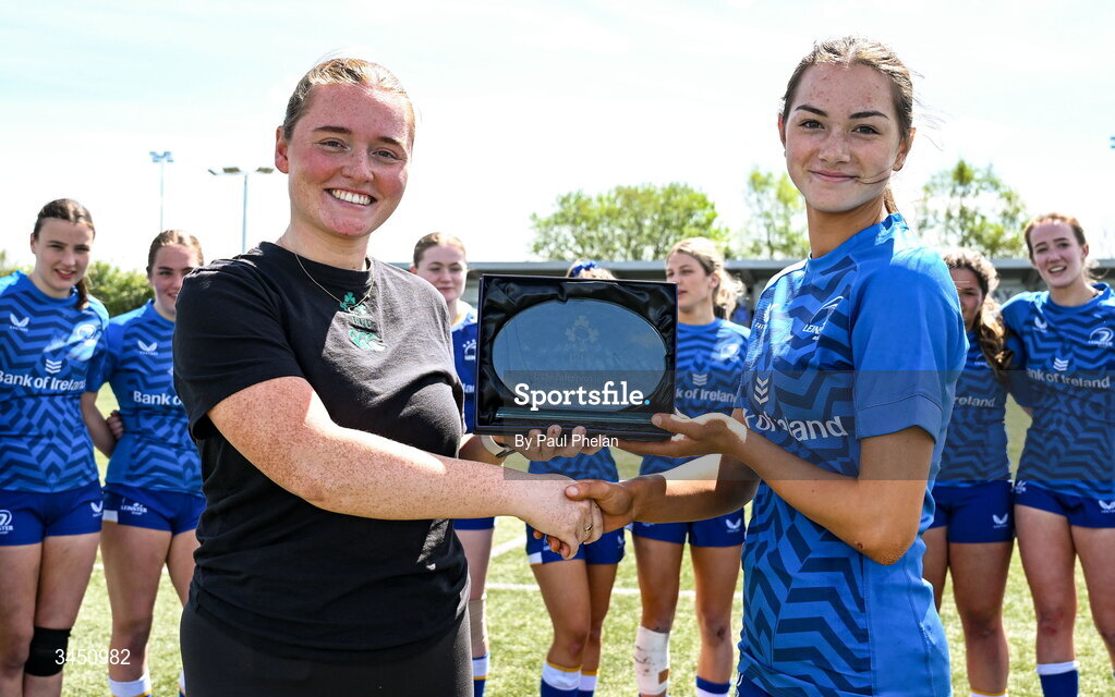 9 May 2026; IFRU Women's and Age Grade Coordinator Ava Elders Gallagher presents the plate to Leinster 2 captain Sloane Rangitaawa at the IRFU U18 Girls 7s Interprovincial Series at Mullingar RFC in Westmeath. Photo by Paul Phelan/Sportsfile