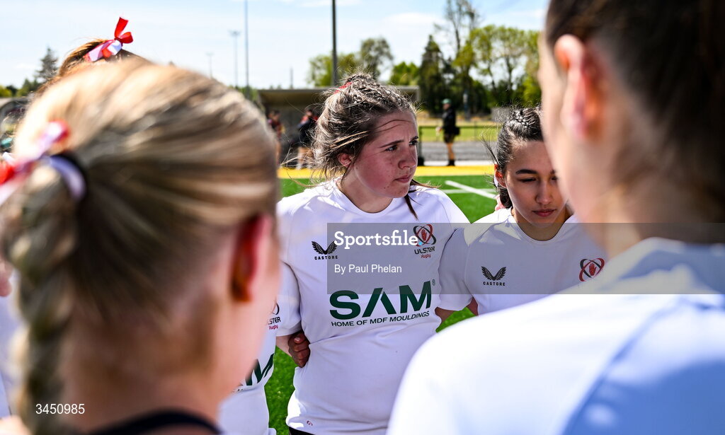 9 May 2026; The Ulster 2 team huddle during the IRFU U18 Girls 7s Interprovincial Series at Mullingar RFC in Westmeath. Photo by Paul Phelan/Sportsfile