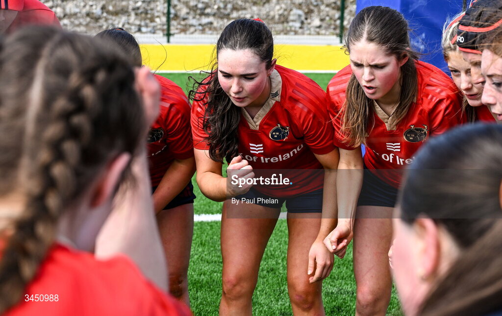 9 May 2026; The Munster 2 team huddle during the IRFU U18 Girls 7s Interprovincial Series at Mullingar RFC in Westmeath. Photo by Paul Phelan/Sportsfile