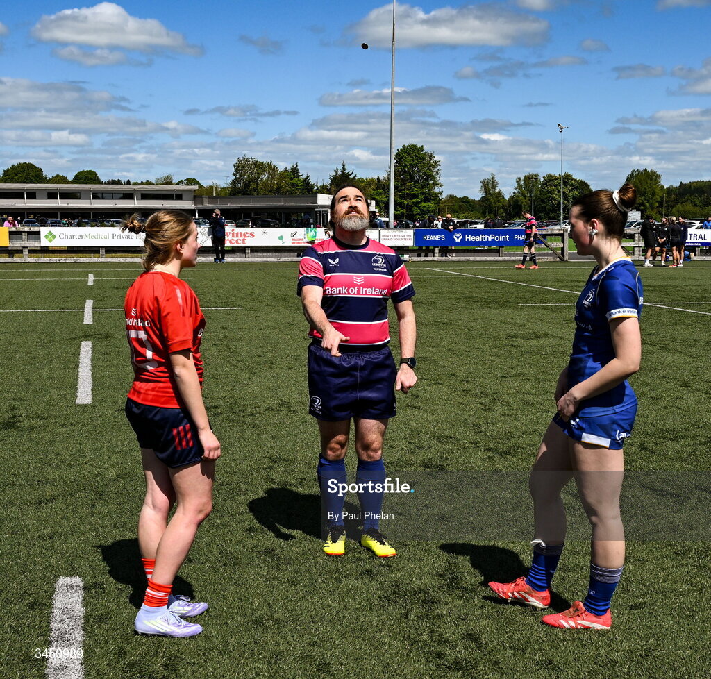 9 May 2026; Referee David Orde tosses the coin with Munster 1 captain Elsa Quirke and Leinster 1 captain Milita Valteryte before the IRFU U18 Girls 7s Interprovincial Series match between Munster 1 and Leinster 1 at Mullingar RFC in Westmeath. Photo by Paul Phelan/Sportsfile