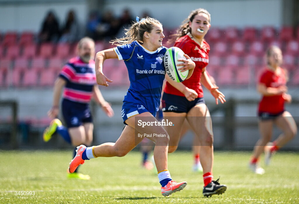 9 May 2026; Anna Cosgrave of Leinster 1 during the IRFU U18 Girls 7s Interprovincial Series match between Leinster 1 and Munster 1 at Mullingar RFC in Westmeath. Photo by Paul Phelan/Sportsfile