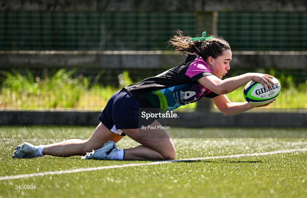 9 May 2026; Julianne Moore of Connacht 1 scores a try during the IRFU U18 Girls 7s Interprovincial Series match between Connacht 1 and Leinster 2 at Mullingar RFC in Westmeath. Photo by Paul Phelan/Sportsfile