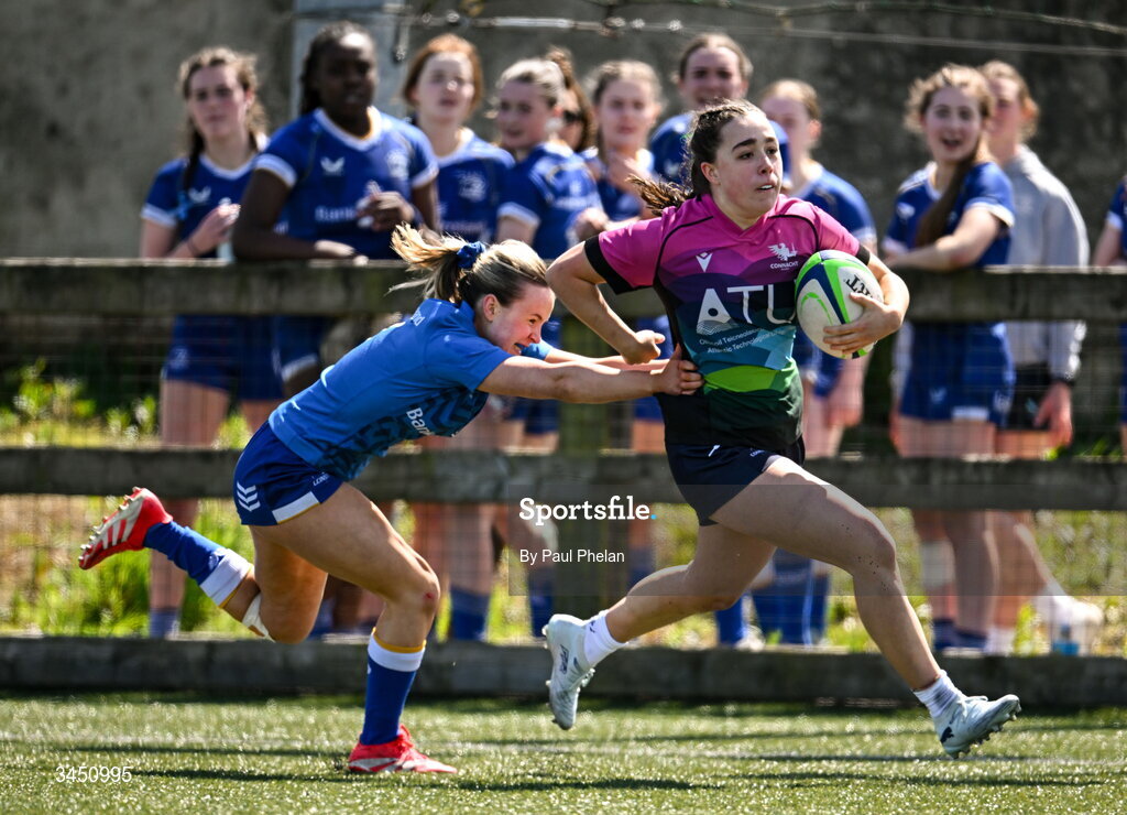 9 May 2026; Julianne Moore of Connacht 1 in action against Rebecca Cahill of Leinster 2 during the IRFU U18 Girls 7s Interprovincial Series match between Connacht 1 and Leinster 2 at Mullingar RFC in Westmeath. Photo by Paul Phelan/Sportsfile